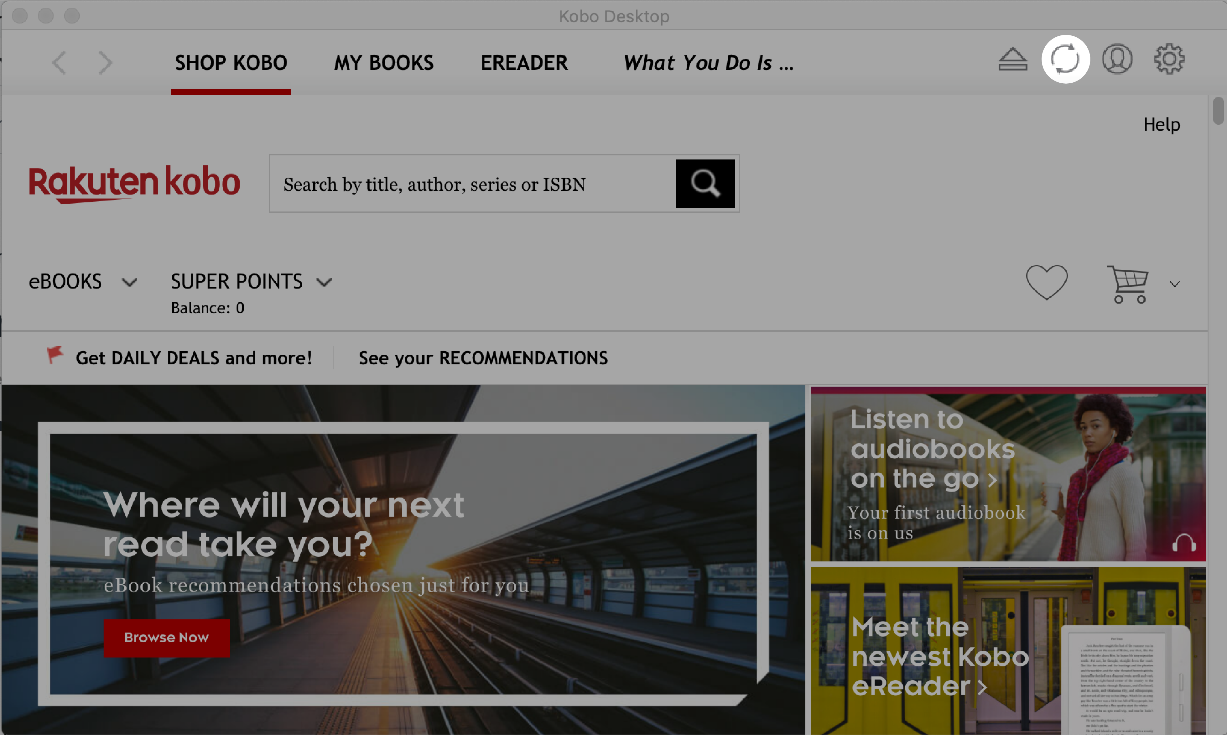 Kobo Desktop app with Sync icon highlighted near the top of the screen.
