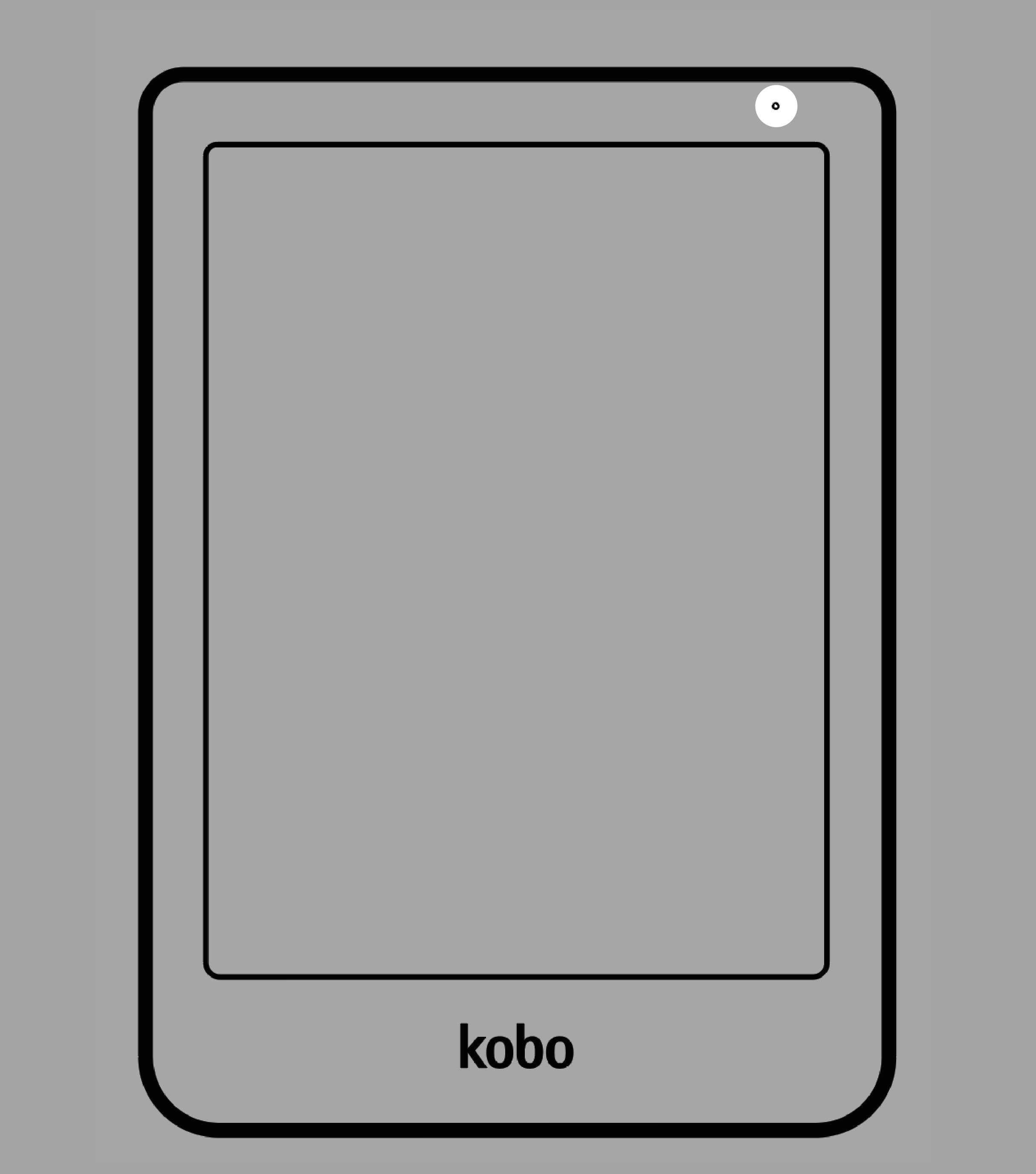 Kobo eReader met het aan/uit-lampje gemarkeerd bovenaan het scherm.