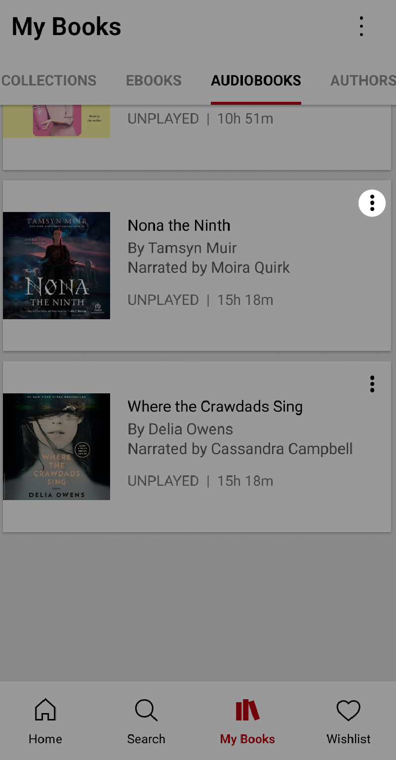 Kitaplarım menüsünde üç nokta simgesi vurgulanmış olarak Kobo Books uygulaması.